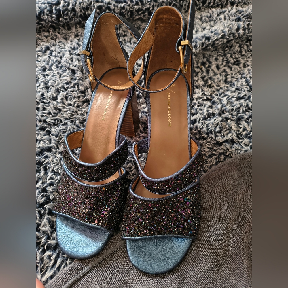 Anthropologie Black and Blue Glitter Heels